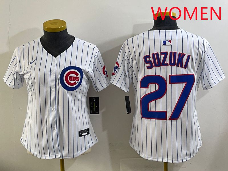 Women 2025 Chicago Cubs 27 Suzuki White Stripe Game Nike MLB Jersey style 1